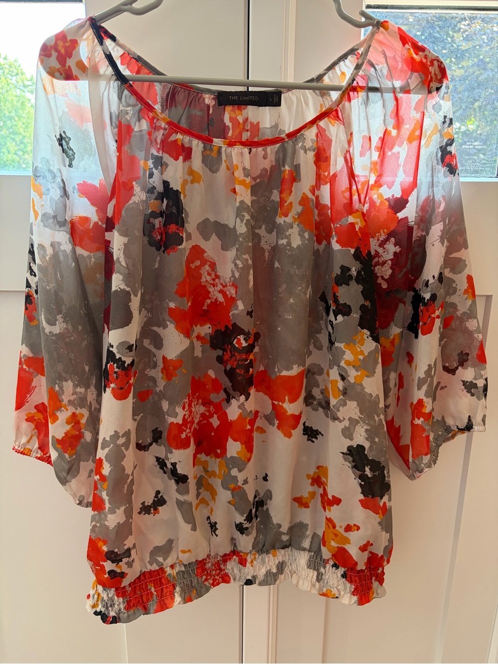 Limited Blouse Sheer Floral Blouse Watercolor Abstract Orange Gray Large Top